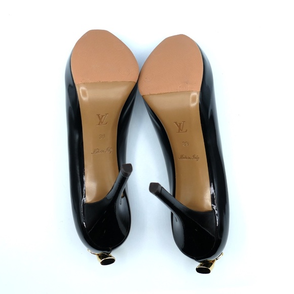 LOUIS VUITTON BLACK LEATHER HEELS OPEN-TOE WITH GOLD LOCK - Picture 3 of 4